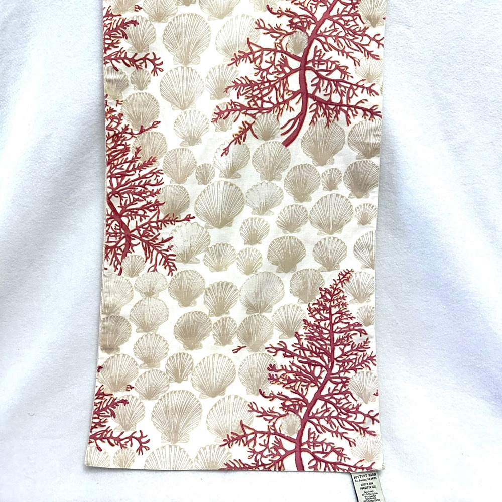 Pottery Barn 19x90 Table Runner Coral Reef Coastal Shell Red Beige Cotton Linen